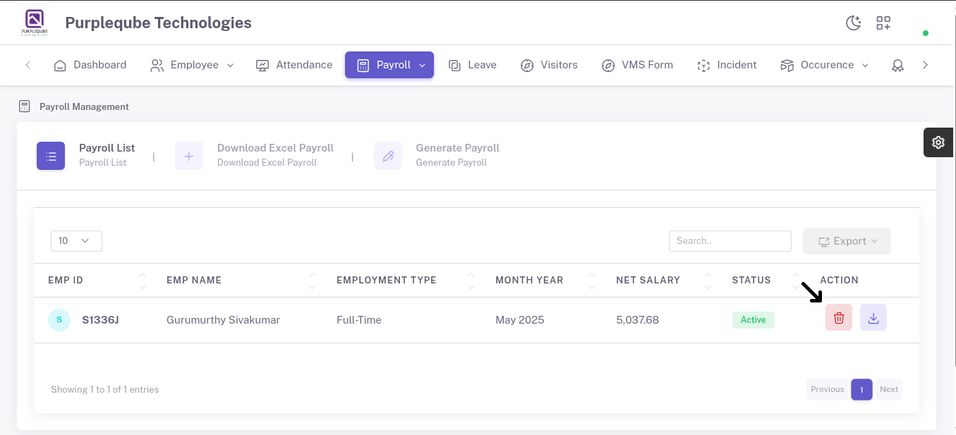 Payroll list with Delete action button highlighted in the Action column next to the Download button